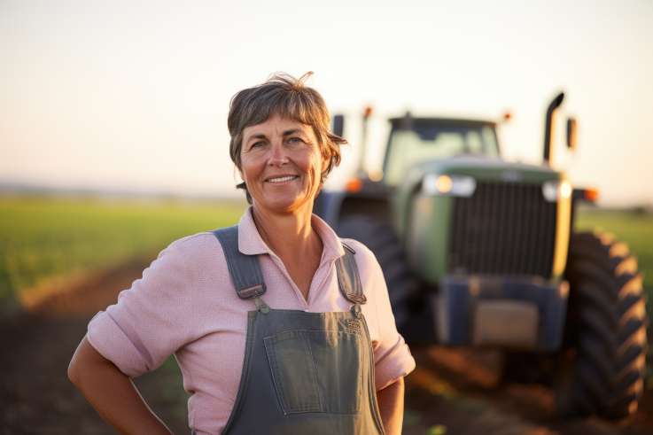 Lächelnde Landwirtin steht auf einem Acker, im Hintergrund steht ein Traktor Lächelnde Landwirtin steht auf einem Acker, im Hintergrund steht ein Traktor