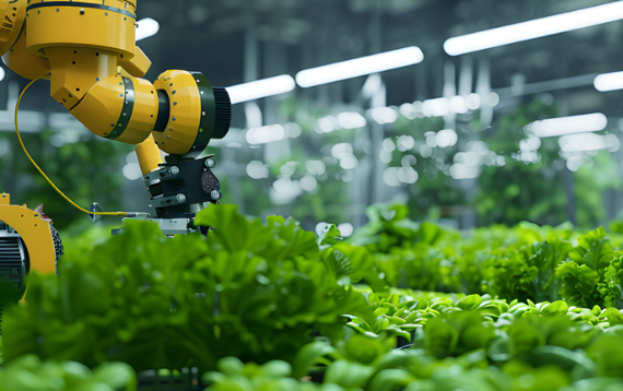 Ein gelber Industrieroboterarm mit mehreren Gelenken arbeitet inmitten von dichtem, grünem Salat in einer modernen, hell ausgeleuchteten Gewächshausumgebung. Im Hintergrund sind weitere Pflanzenreihen und unscharfe Lichtleisten zu erkennen. Die Szene vermittelt einen Eindruck von automatisierter Landwirtschaft und moderner Agrartechnologie.